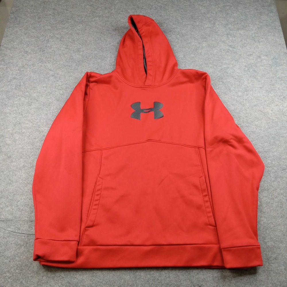 Under Armour Hoodie Mens XL‎ Red Fleece Pullover Sweatshirt Logo Loose Fit